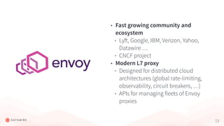13
• Fast growing community and
ecosystem
• Lyft, Google, IBM, Verizon, Yahoo,
Datawire …
• CNCF project
• Modern L7 proxy
• Designed for distributed cloud
architectures (global rate-limiting,
observability, circuit breakers, …)
• APIs for managing fleets of Envoy
proxies
 