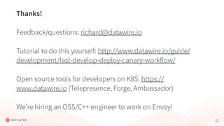 32
Thanks!
Feedback/questions: richard@datawire.io
Tutorial to do this yourself: http://www.datawire.io/guide/
development/fast-develop-deploy-canary-workflow/
Open source tools for developers on K8S: https://
www.datawire.io (Telepresence, Forge, Ambassador)
We’re hiring an OSS/C++ engineer to work on Envoy!
 