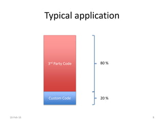 Typical application
16-Feb-16 8
3rd Party Code
Custom Code
80 %
20 %
 