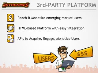 3rd-PARTY PLATFORM

Reach & Monetize emerging market users


HTML-Based Platform with easy integration


APIs to Acquire, Engage, Monetize Users
 