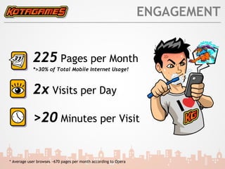 ENGAGEMENT


            225 Pages per Month
            *>30% of Total Mobile Internet Usage!



            2x Visits per Day

            >20 Minutes per Visit

* Average user browses ~670 pages per month according to Opera
 