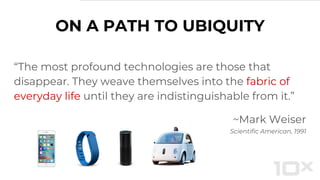 ON A PATH TO UBIQUITY
“The most profound technologies are those that
disappear. They weave themselves into the fabric of
everyday life until they are indistinguishable from it.”
~Mark Weiser
Scientific American, 1991
 