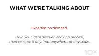 Expertise on demand.
Train your ideal decision-making process,
then execute it anytime, anywhere, at any scale.
WHAT WE'RE TALKING ABOUT
 
