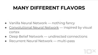 ● Vanilla Neural Network — nothing fancy
● Convolutional Neural Network — inspired by visual
cortex
● Deep Belief Network — undirected connections
● Recurrent Neural Network — multi-pass
MANY DIFFERENT FLAVORS
 