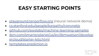 ● playground.tensorflow.org (neural network demo)
● cs.stanford.edu/people/karpathy/convnetjs
● github.com/awslabs/machine-learning-samples
● ibm.com/smarterplanet/us/en/ibmwatson/develop
ercloud/starter-kits.html
● templates.prediction.io
EASY STARTING POINTS
 