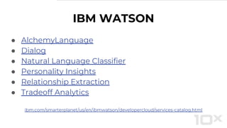 ● AlchemyLanguage
● Dialog
● Natural Language Classifier
● Personality Insights
● Relationship Extraction
● Tradeoff Analytics
ibm.com/smarterplanet/us/en/ibmwatson/developercloud/services-catalog.html
IBM WATSON
 