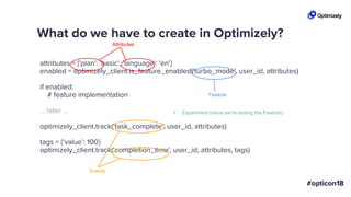 What do we have to create in Optimizely?
attributes = {'plan': 'basic', 'language': 'en'}
enabled = optimizely_client.is_feature_enabled('turbo_mode', user_id, attributes)
if enabled:
# feature implementation
... later ...
optimizely_client.track(‘task_complete', user_id, attributes)
tags = {‘value’: 100}
optimizely_client.track(‘completion_time', user_id, attributes, tags)
Attributes
Feature
Events
+ Experiment (since we’re testing the Feature)
 