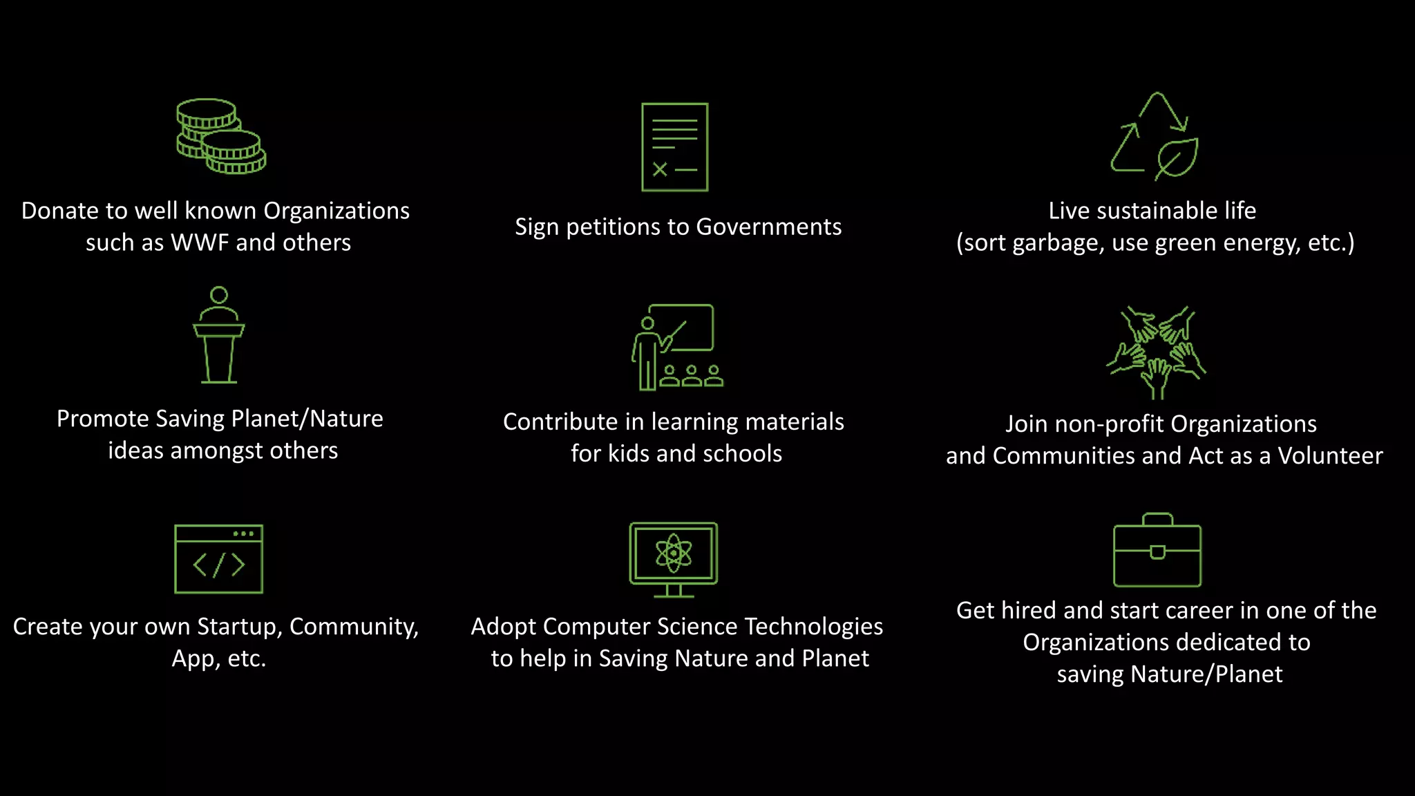 Donate to well known Organizations
such as WWF and others
Sign petitions to Governments
Live sustainable life
(sort garbage, use green energy, etc.)
Promote Saving Planet/Nature
ideas amongst others
Contribute in learning materials
for kids and schools
Join non-profit Organizations
and Communities and Act as a Volunteer
Create your own Startup, Community,
App, etc.
Adopt Computer Science Technologies
to help in Saving Nature and Planet
Get hired and start career in one of the
Organizations dedicated to
saving Nature/Planet
 