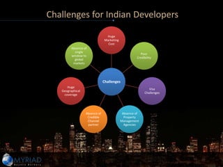 Challenges for Indian Developers

                                Huge
                               Marketing
                                 Cost
         Absence of
           single
                                                      Poor
         window to
                                                    Credibility
           global
          markets




                               Challenges
      Huge
                                                            Visa
   Geographical
                                                         Challenges
    coverage




                  Absence of                Absence of
                   Credible                  Property
                   Channel                 Management
                   partner                   Agencies
 