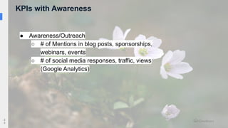 KPIs with Awareness
2
0
● Awareness/Outreach
○ # of Mentions in blog posts, sponsorships,
webinars, events
○ # of social media responses, traffic, views
(Google Analytics)
 