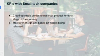 KPIs with Small tech companies
2
4
● Creating simple guides to use your product for each
stage of their journey
● Monitor # of sign-ups based on guides being
released
 