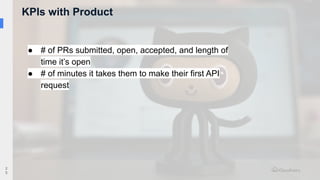 KPIs with Product
2
5
● # of PRs submitted, open, accepted, and length of
time it’s open
● # of minutes it takes them to make their first API
request
 