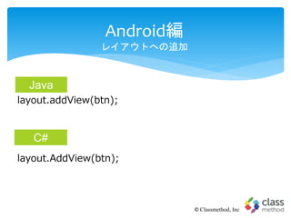Android編
レイアウトへの追加
© Classmethod, Inc
layout.addView(btn);
layout.AddView(btn);
Java
C#
 