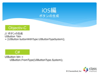 iOS編
ボタンの生成
© Classmethod, Inc
// ボタンの生成
UIButton *btn
= [UIButton buttonWithType:UIButtonTypeSystem];
UIButton btn =
UIButton.FromType(UIButtonType.System);
Objectiv-C
C#
 