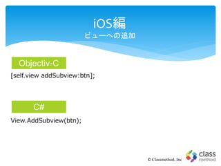 iOS編
ビューへの追加
© Classmethod, Inc
[self.view addSubview:btn];
View.AddSubview(btn);
Objectiv-C
C#
 