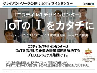 『ニフティ IoT デザインセンター』
ニフティ IoTデザインセンターは
IoTを活用して企業の事業課題を解決する
プロフェッショナル集団です。
IoTに取り組む企業をビジネス・テクノロジー、両面でご支援します。
2015年7月のサービス開始以降、100件を超えるお客様のご相談に乗ってまいりました。
クライアントワークの例：IoTデザインセンター
10
 