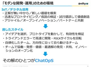適したスタイル
・アイデアを選択、プロトタイプを動かして、有効性を検証
・トライアンドエラーで高速に開発・PDCAサイクルを回転
・自律化したチーム、方向性に沿って自ら動けるチーム
・チームで協働・発想・価値・最適解の発見・共有、イノベー
ションのオープン化
その解のひとつがChatOpS
IoT／デジタル活用
・正解が無い中から／新しい価値を模索
・迅速なプロトタイピング／仮説の検証・試行錯誤して価値創造
・アジャイル／オープンイノベーション／パートナーと共創
「モダンな開発・運用」のための環境
25
 