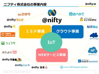 ニフティ株式会社の事業内容
ＩＳＰ事業 クラウド事業
WEBサービス事業
IoT
3
 