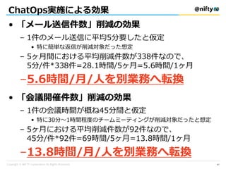 ChatOps実施による効果
• 「メール送信件数」削減の効果
– 1件のメール送信に平均5分要したと仮定
• 特に簡単な返信が削減対象だった想定
– 5ヶ月間における平均削減件数が338件なので、
5分/件*338件=28.1時間/5ヶ月=5.6時間/1ヶ月
–5.6時間/月/人を別業務へ転換
• 「会議開催件数」削減の効果
– 1件の会議時間が概ね45分間と仮定
• 特に30分～1時間程度のチームミーティングが削減対象だったと想定
– 5ヶ月における平均削減件数が92件なので、
45分/件*92件=69時間/5ヶ月=13.8時間/1ヶ月
–13.8時間/月/人を別業務へ転換
47
 