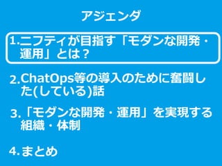 ニフティ
ＩｏＴデザインセンター
ご紹介
クリ博ナビ就活直前セミナー
2017年2月1日
ニフティ株式会社
IoTデザインセンター
ニフティが目指す「モダンな開発・
運用」とは？
アジェンダ
ChatOps等の導入のために奮闘し
た(している)話
「モダンな開発・運用」を実現する
組織・体制
1.
2.
3.
まとめ4.
 