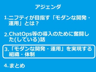 ニフティ
ＩｏＴデザインセンター
ご紹介
クリ博ナビ就活直前セミナー
2017年2月1日
ニフティ株式会社
IoTデザインセンター
ニフティが目指す「モダンな開発・
運用」とは？
アジェンダ
ChatOps等の導入のために奮闘し
た(している)話
「モダンな開発・運用」を実現する
組織・体制
1.
2.
3.
まとめ4.
 