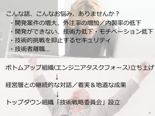 ボトムアップ組織(エンジニアタスクフォース)立ち上げ
↓
経営層との継続的な対話／着実＆地道な成果
↓
トップダウン組織「技術戦略委員会」設立
・開発案件の増大、外注率の増加／内製率の低下
・開発ができない、技術力低下・モチベーション低下
・技術的挑戦を抑止するセキュリティ
・技術者離職...
こんな話、こんなお悩み、ありませんか？
58
 