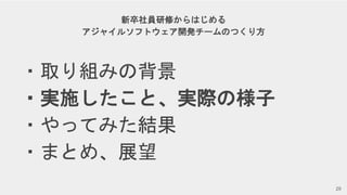 Copyright © Givery, Inc. All rights reserved.
新卒社員研修からはじめる
アジャイルソフトウェア開発チームのつくり方
・取り組みの背景
・実施したこと、実際の様子
・やってみた結果
・まとめ、展望
29
 