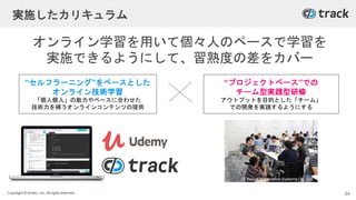 Copyright © Givery, Inc. All rights reserved.
実施したカリキュラム
“セルフラーニング”をベースとした
オンライン技術学習
「個人個人」の能力やペースに合わせた
技術力を補うオンラインコンテンツの提供
“プロジェクトベース”での
チーム型実践型研修
アウトプットを目的とした「チーム」
での開発を実践するようにする
オンライン学習を用いて個々人のペースで学習を
実施できるようにして、習熟度の差をカバー
34
© Saison Information Systems Co., Ltd.
 