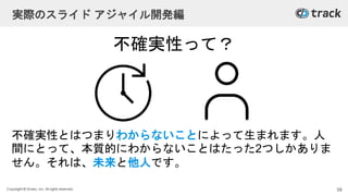 Copyright © Givery, Inc. All rights reserved.
実際のスライド アジャイル開発編
不確実性とはつまりわからないことによって生まれます。人
間にとって、本質的にわからないことはたった2つしかありま
せん。それは、未来と他人です。
不確実性って？
58
 
