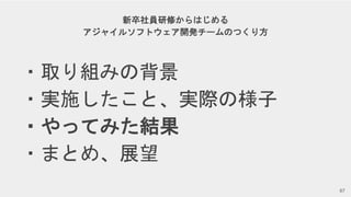 Copyright © Givery, Inc. All rights reserved.
新卒社員研修からはじめる
アジャイルソフトウェア開発チームのつくり方
・取り組みの背景
・実施したこと、実際の様子
・やってみた結果
・まとめ、展望
67
 