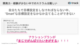 Copyright © Givery, Inc. All rights reserved.
開発力・経験が少ない中でのスクラムは難しい
自分たちで目標設定をしなければならない中、
“Smart”な目標設定をなかなか立てることができない
アクションプランが
「まじでがんばりたいきがする」！！！
81
 