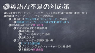 英語力不足の対応策
Slack等でのテキストコミュニケーションはそれほど問題にはならない
問題はフェイス・トゥ・フェイスの会話
一般的にはブリッジSEやコミュニケーターが通訳
非言語コミュニケーションまで失われてしまう
MTGの目的に応じて使い分け
できれば両者とも英語使用
朝会の共有
レビューでのデモの説明
ふりかえり
コミュニケーターが通訳(日⇔越)
ビデオ会議全般
プランニングでのフィーチャーの仕様説明
各種MTGの質疑応答
 