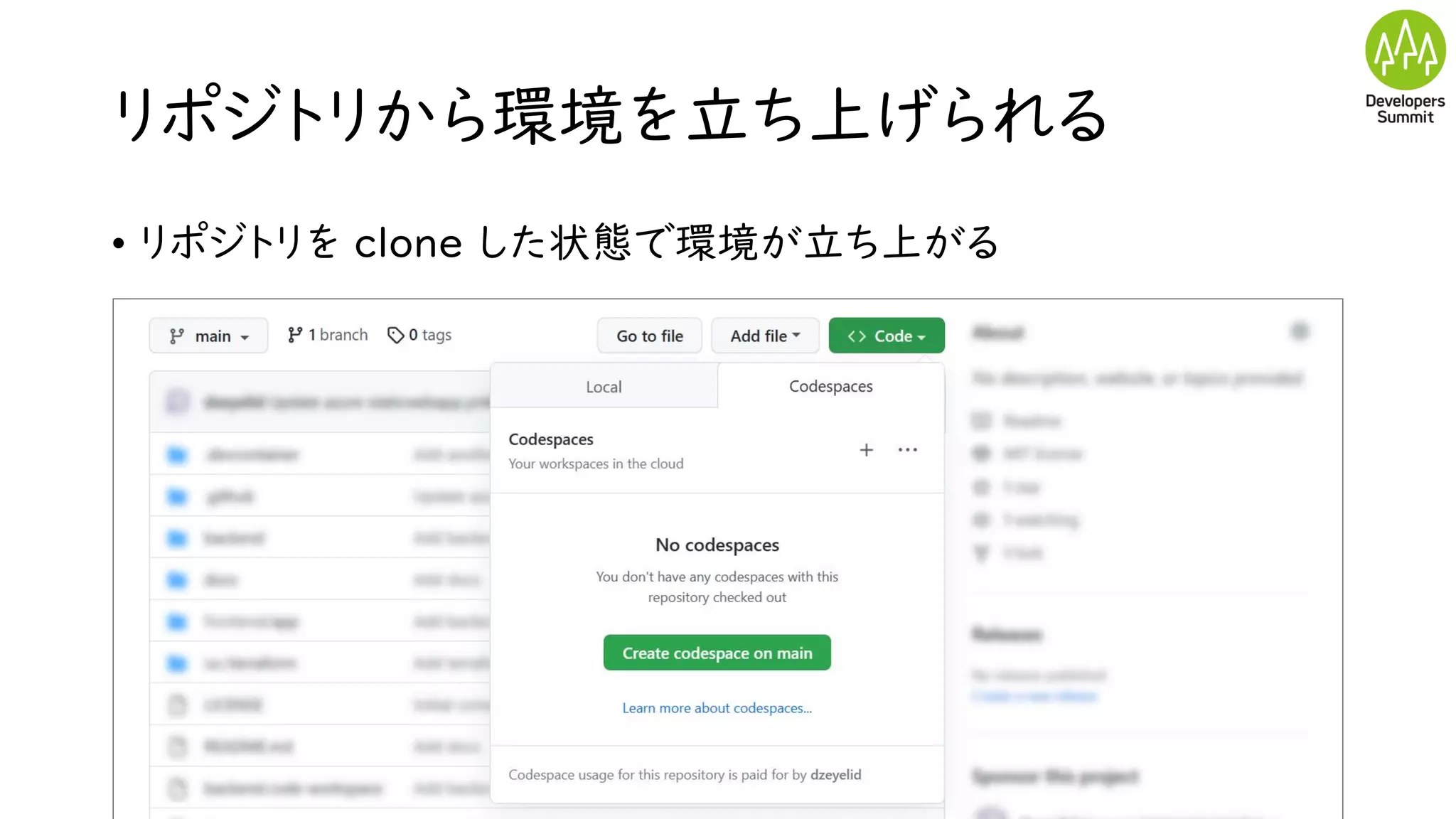 リポジトリから環境を立ち上げられる
• リポジトリを clone した状態で環境が立ち上がる
 