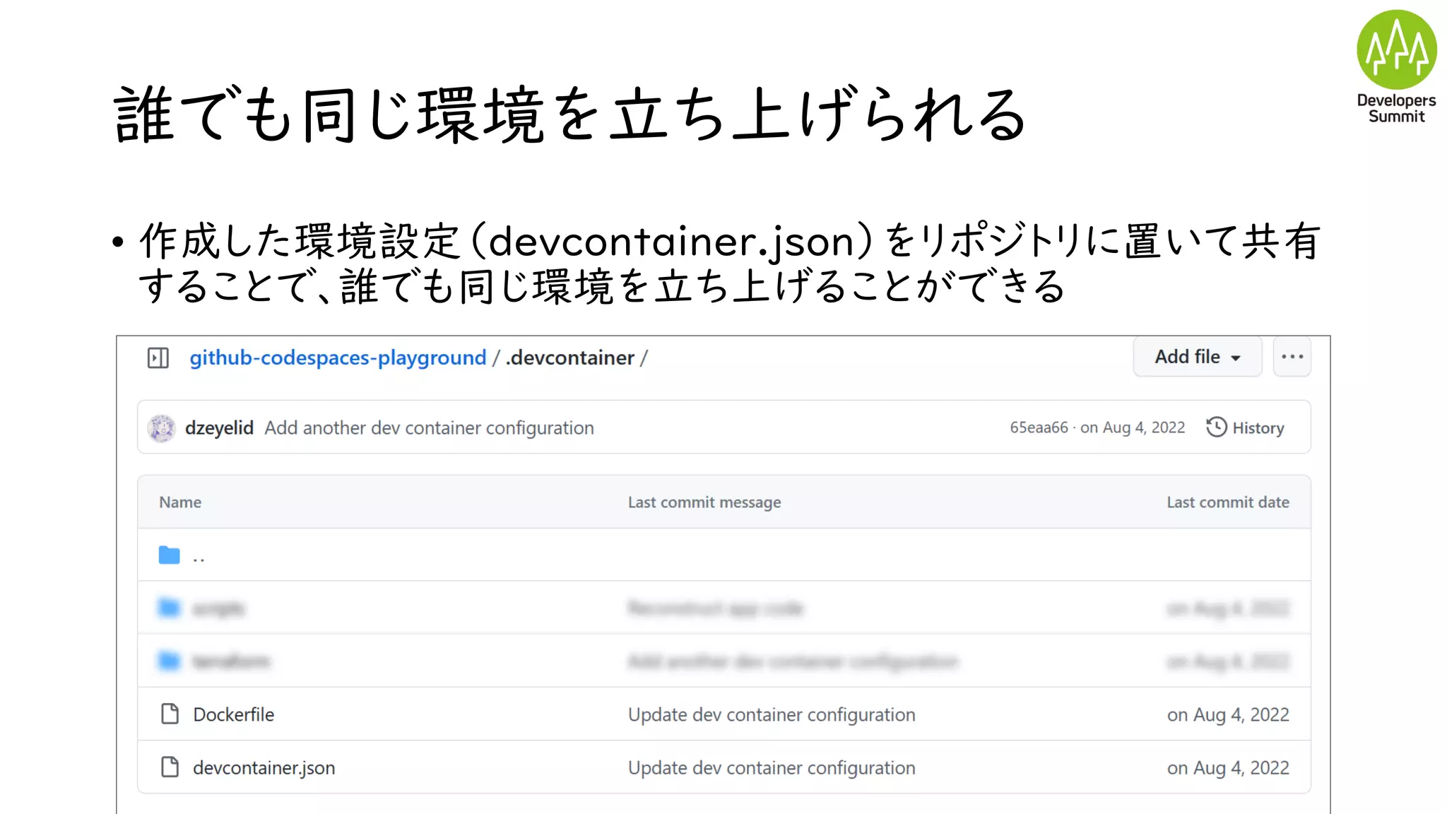誰でも同じ環境を立ち上げられる
• 作成した環境設定（devcontainer.json）をリポジトリに置いて共有
することで、誰でも同じ環境を立ち上げることができる
 