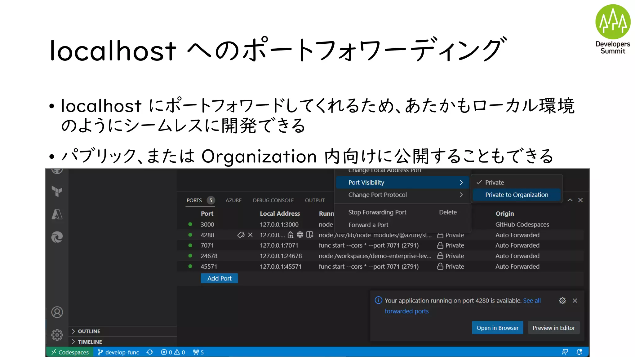 localhost へのポートフォワーディング
• localhost にポートフォワードしてくれるため、あたかもローカル環境
のようにシームレスに開発できる
• パブリック、または Organization 内向けに公開することもできる
 