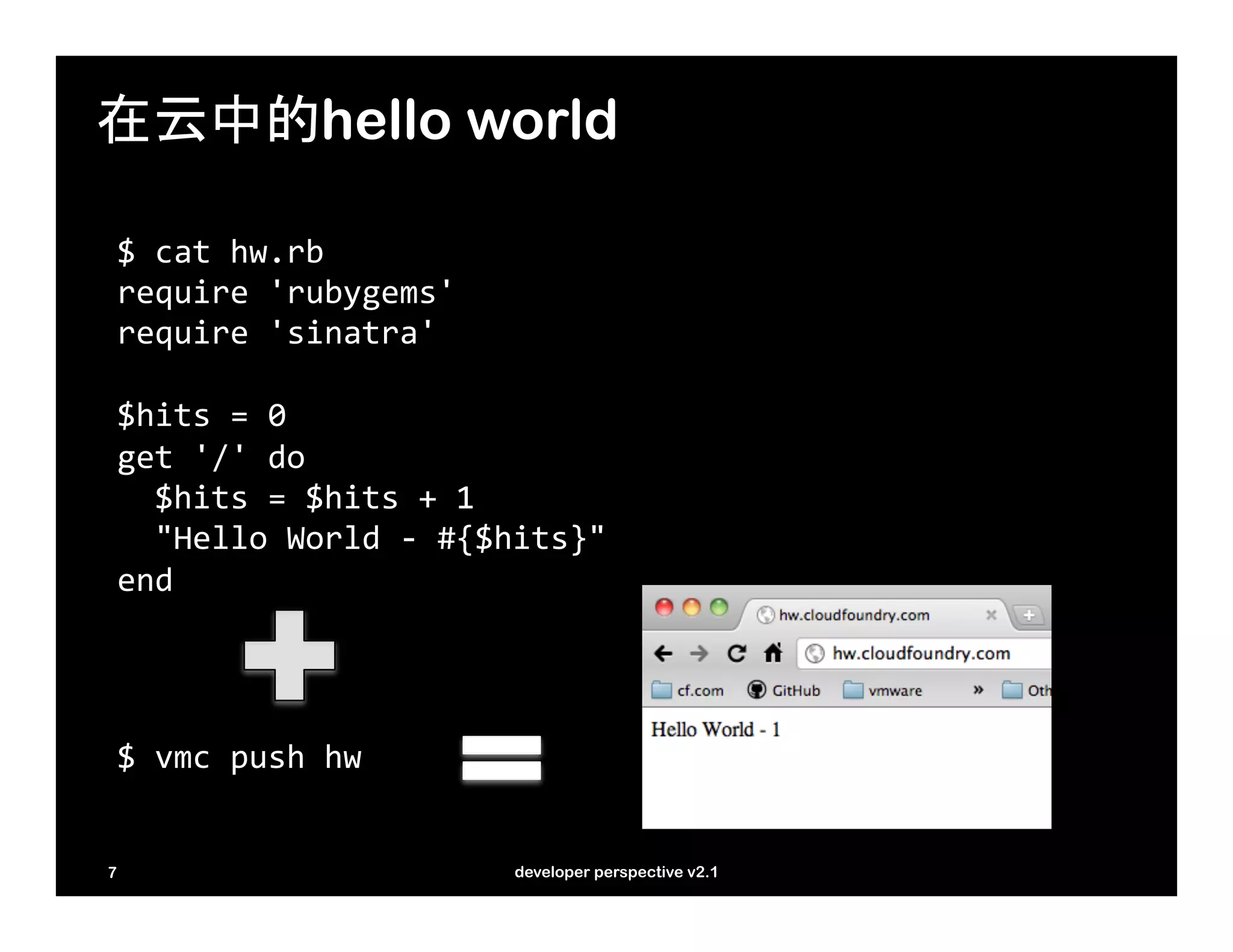 在云中的hello world

    $	
  cat	
  hw.rb	
  
    require	
  'rubygems'	
  
    require	
  'sinatra'	
  
    	
  
    $hits	
  =	
  0	
  
    get	
  '/'	
  do	
  
    	
  	
  $hits	
  =	
  $hits	
  +	
  1	
  
    	
  	
  "Hello	
  World	
  -­‐	
  #{$hits}"	
  
    end	
  




    $	
  vmc	
  push	
  hw	
  


7                                       developer perspective v2.1
 