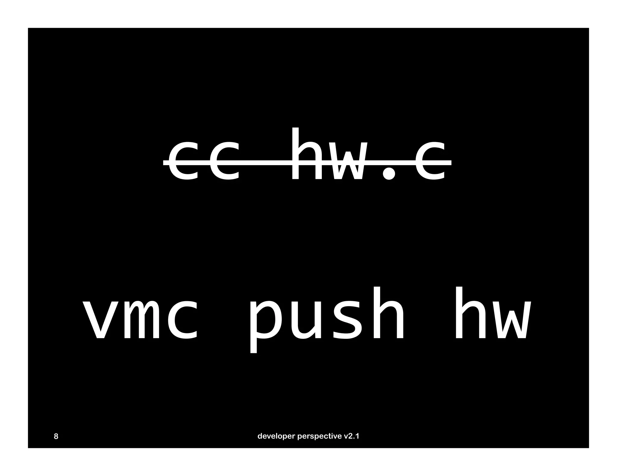 cc	
  hw.c

    vmc	
  push	
  hw
8         developer perspective v2.1
 