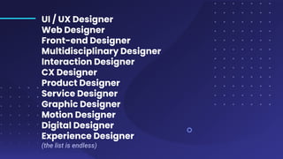 UI / UX Designer
Web Designer
Front-end Designer
Multidisciplinary Designer
Interaction Designer
CX Designer
Product Designer
Service Designer
Graphic Designer
Motion Designer
Digital Designer
Experience Designer
(the list is endless)
 