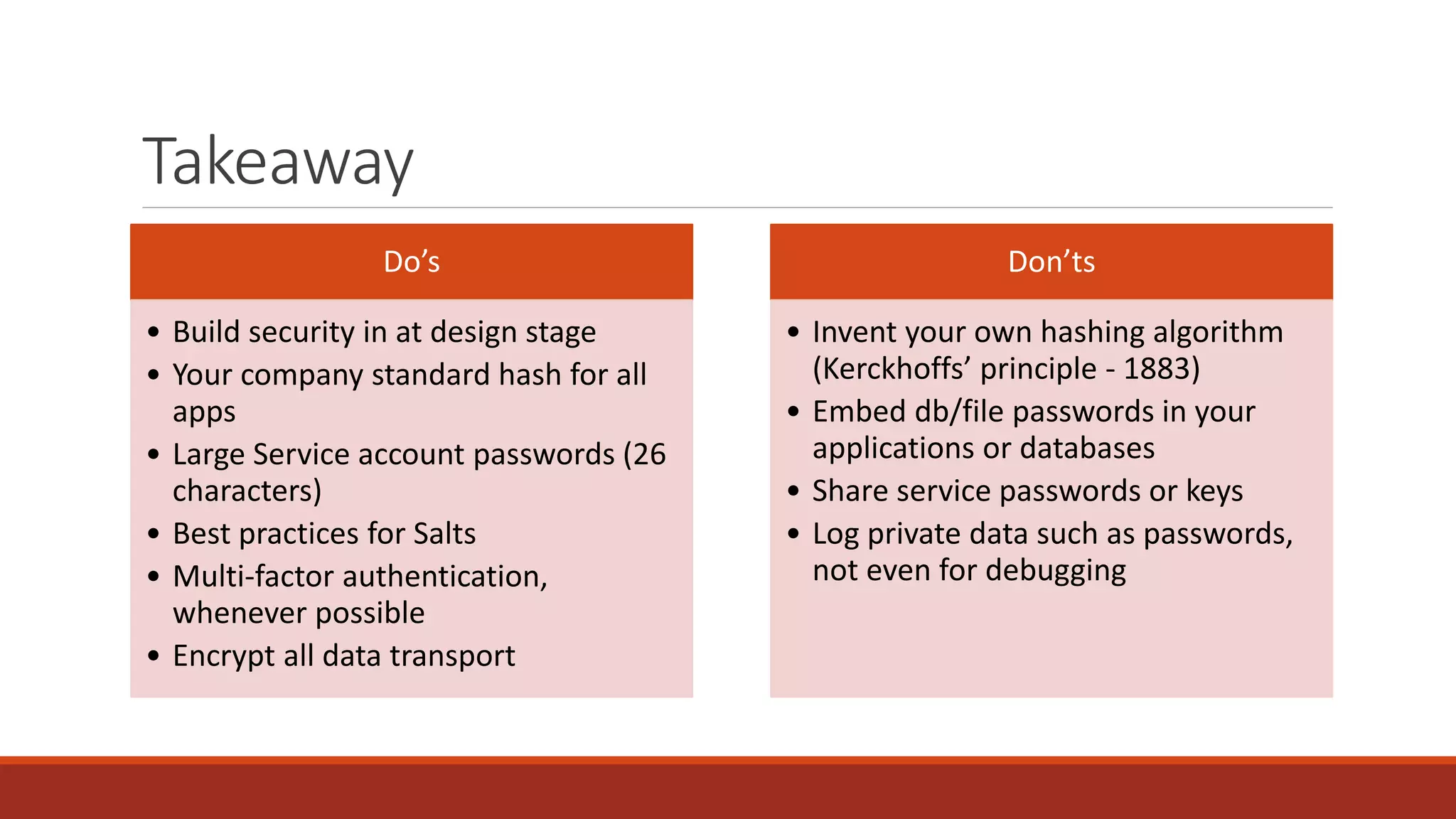 Takeaway
Do’s
• Build security in at design stage
• Your company standard hash for all
apps
• Large Service account passwords (26
characters)
• Best practices for Salts
• Multi-factor authentication,
whenever possible
• Encrypt all data transport
Don’ts
• Invent your own hashing algorithm
(Kerckhoffs’ principle - 1883)
• Embed db/file passwords in your
applications or databases
• Share service passwords or keys
• Log private data such as passwords,
not even for debugging
 