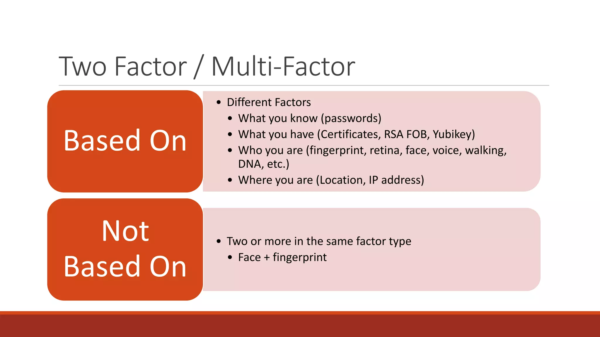 Two Factor / Multi-Factor
• Different Factors
• What you know (passwords)
• What you have (Certificates, RSA FOB, Yubikey)
• Who you are (fingerprint, retina, face, voice, walking,
DNA, etc.)
• Where you are (Location, IP address)
Based On
• Two or more in the same factor type
• Face + fingerprint
Not
Based On
 