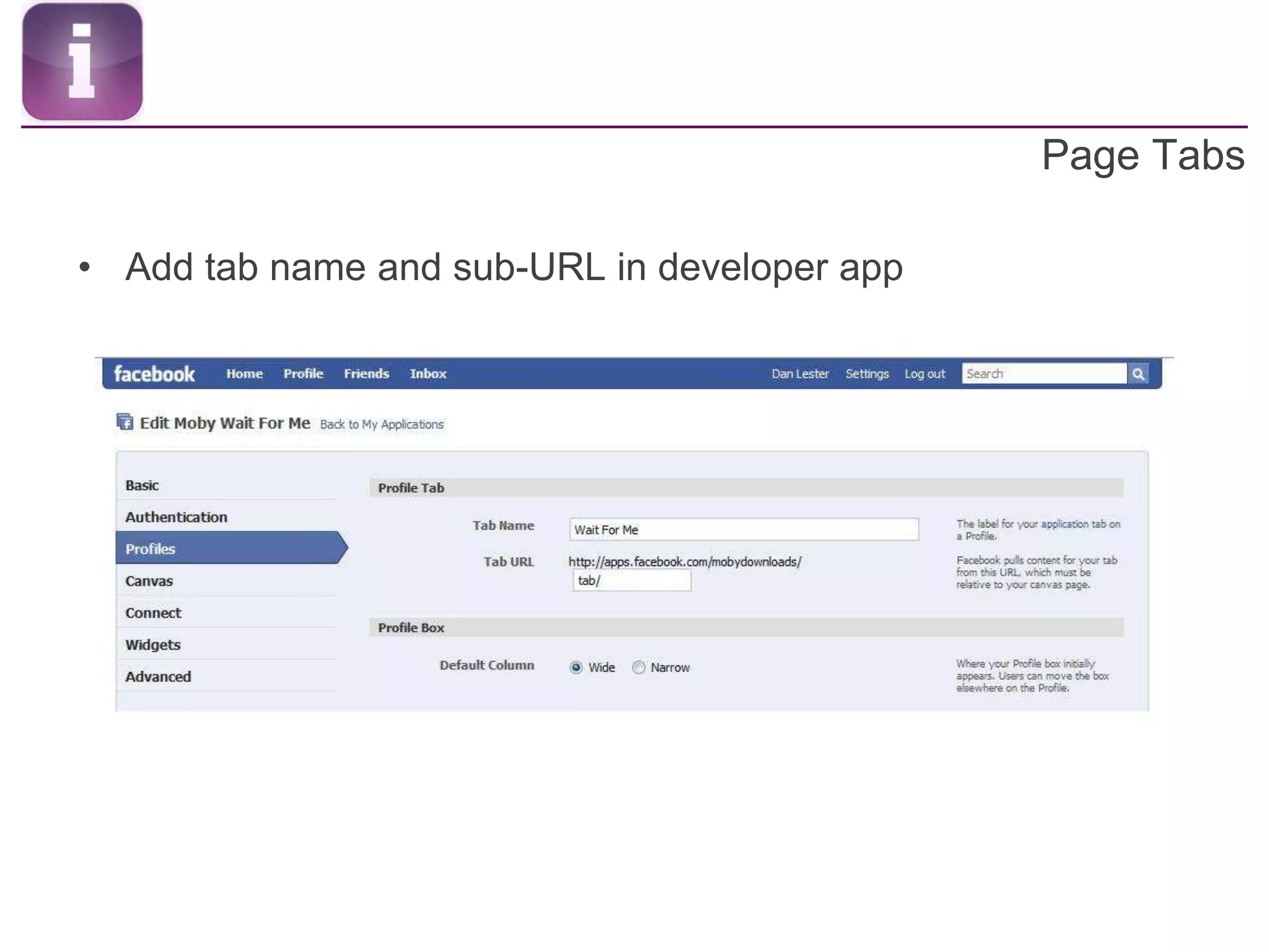 Page TabsAdd tab name and sub-URL in developer app