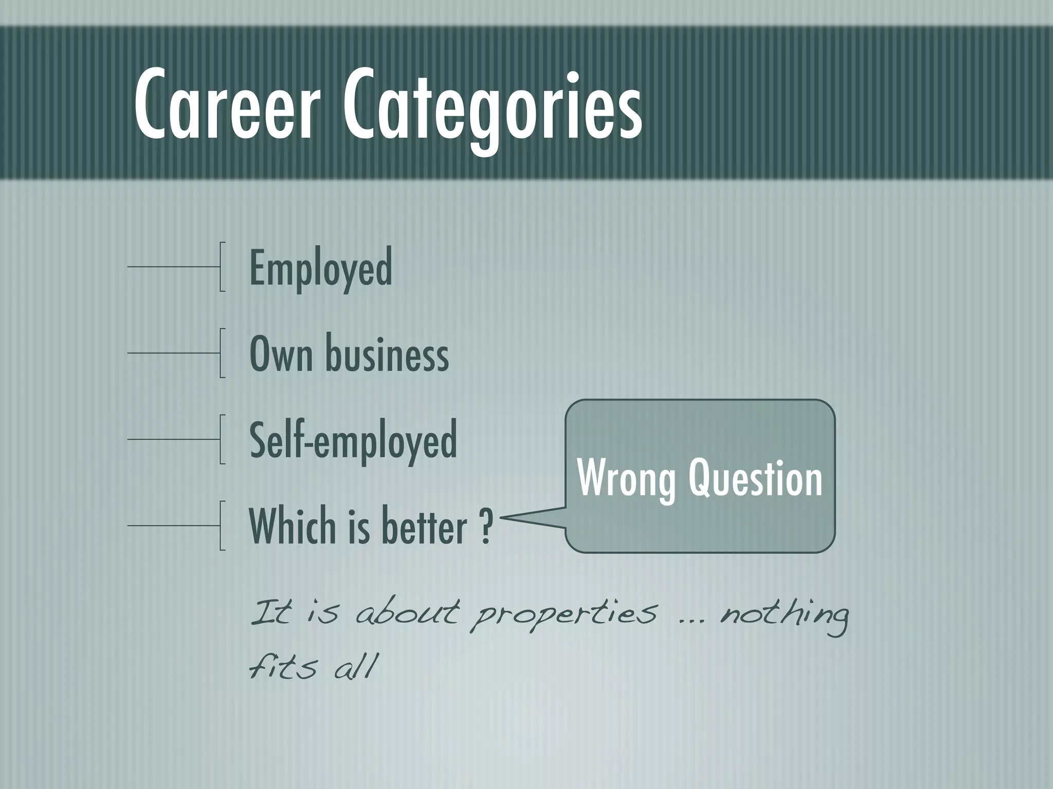 Career Categories
   Employed
   Own business
   Self-employed
                       Wrong Question
   Which is better ?
   It is about properties ... nothing
   fits all
 