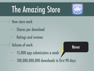 The Amazing Store
How store work
   Shares per download
   Ratings and reviews
Volume of work                      Disappointed?
                                         Never
   15,000 app submissions a week
   100,000,000,000 downloads in ﬁrst 90 days
 