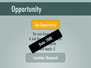 Opportunity
          Job Opportunity

         Do you know C++ ?
                       80
      A Job Opportunity is here
                    19
                  :
                te/ month
              Da
          5,000$
           Please Apply :(

         Location: Newyork
 