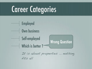 Career Categories
   Employed
   Own business
   Self-employed
                       Wrong Question
   Which is better ?
   It is about properties ... nothing
   fits all
 