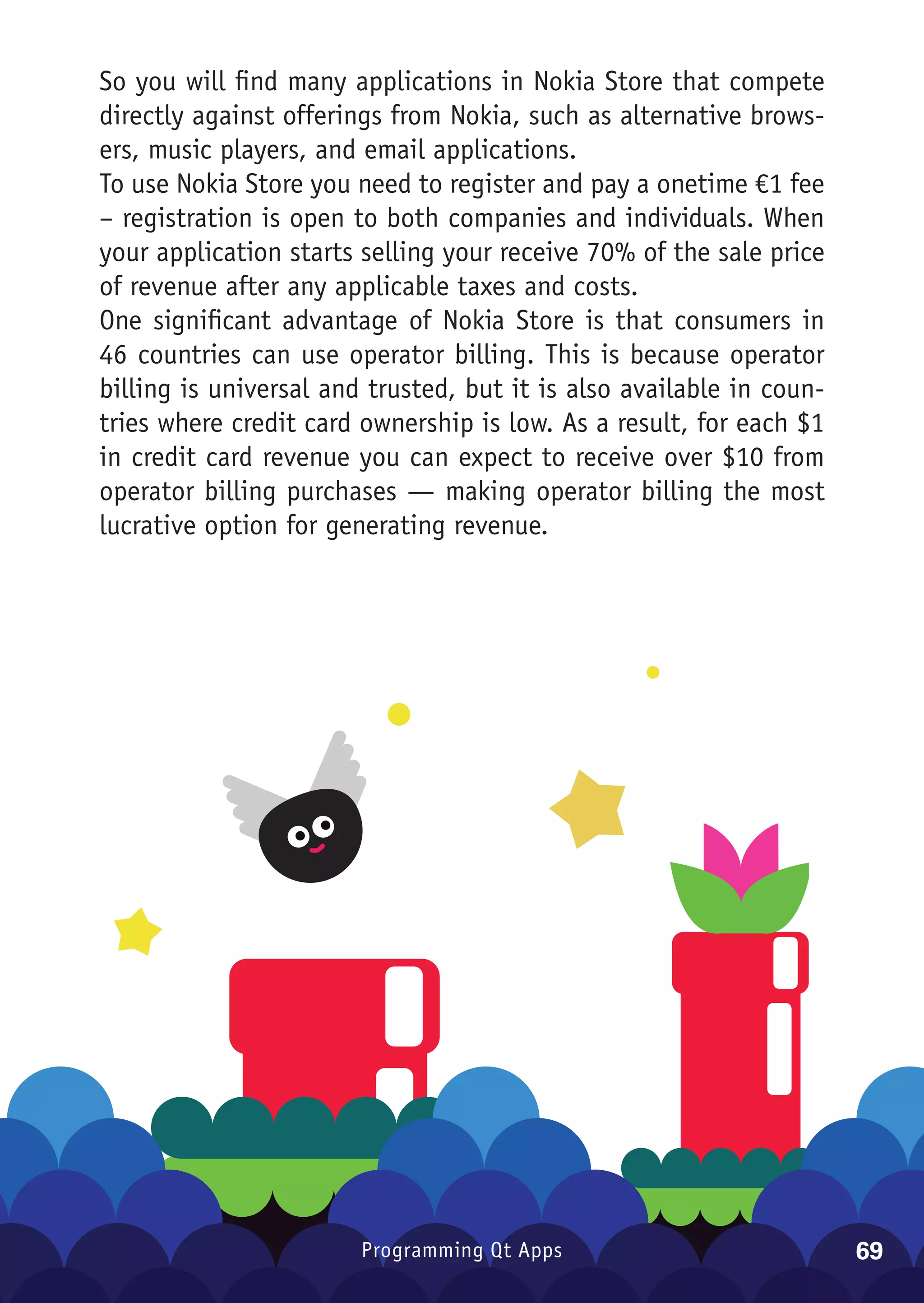 So you will find many applications in Nokia Store that compete
directly against offerings from Nokia, such as alternative brows-
ers, music players, and email applications.
To use Nokia Store you need to register and pay a onetime €1 fee
– registration is open to both companies and individuals. When
your application starts selling your receive 70% of the sale price
of revenue after any applicable taxes and costs.
One significant advantage of Nokia Store is that consumers in
46 countries can use operator billing. This is because operator
billing is universal and trusted, but it is also available in coun-
tries where credit card ownership is low. As a result, for each $1
in credit card revenue you can expect to receive over $10 from
operator billing purchases — making operator billing the most
lucrative option for generating revenue.




                        Programming Qt Apps                           69
 