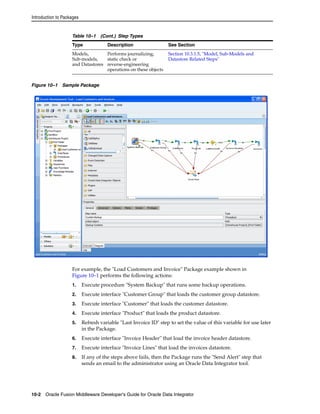 Introduction to Packages 
Table 10–1 (Cont.) Step Types 
Type Description See Section 
Models, 
Sub-models, 
and Datastores 
Figure 10–1 Sample Package 
Performs journalizing, 
static check or 
reverse-engineering 
operations on these objects 
Section 10.3.1.5, "Model, Sub-Models and 
Datastore Related Steps" 
For example, the "Load Customers and Invoice" Package example shown in 
Figure 10–1 performs the following actions: 
1. Execute procedure "System Backup" that runs some backup operations. 
2. Execute interface "Customer Group" that loads the customer group datastore. 
3. Execute interface "Customer" that loads the customer datastore. 
4. Execute interface "Product" that loads the product datastore. 
5. Refresh variable "Last Invoice ID" step to set the value of this variable for use later 
in the Package. 
6. Execute interface "Invoice Header" that load the invoice header datastore. 
7. Execute interface "Invoice Lines" that load the invoices datastore. 
8. If any of the steps above fails, then the Package runs the "Send Alert" step that 
sends an email to the administrator using an Oracle Data Integrator tool. 
10-2 Oracle Fusion Middleware Developer's Guide for Oracle Data Integrator 
 