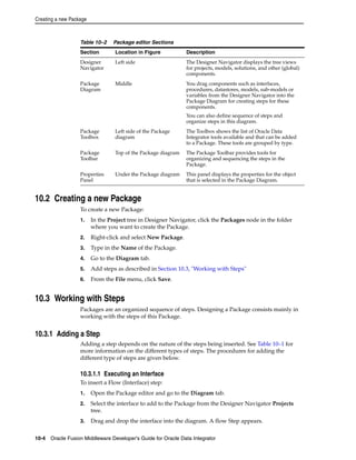 Creating a new Package 
Table 10–2 Package editor Sections 
Section Location in Figure Description 
Designer 
Navigator 
Left side The Designer Navigator displays the tree views 
Package 
Diagram 
Middle You drag components such as interfaces, 
Package 
Toolbox 
Left side of the Package 
diagram 
Package 
Toolbar 
Top of the Package diagram The Package Toolbar provides tools for 
Properties 
Panel 
Under the Package diagram This panel displays the properties for the object 
10.2 Creating a new Package 
for projects, models, solutions, and other (global) 
components. 
procedures, datastores, models, sub-models or 
variables from the Designer Navigator into the 
Package Diagram for creating steps for these 
components. 
You can also define sequence of steps and 
organize steps in this diagram. 
The Toolbox shows the list of Oracle Data 
Integrator tools available and that can be added 
to a Package. These tools are grouped by type. 
organizing and sequencing the steps in the 
Package. 
that is selected in the Package Diagram. 
To create a new Package: 
1. In the Project tree in Designer Navigator, click the Packages node in the folder 
where you want to create the Package. 
2. Right-click and select New Package. 
3. Type in the Name of the Package. 
4. Go to the Diagram tab. 
5. Add steps as described in Section 10.3, "Working with Steps" 
6. From the File menu, click Save. 
10.3 Working with Steps 
Packages are an organized sequence of steps. Designing a Package consists mainly in 
working with the steps of this Package. 
10.3.1 Adding a Step 
Adding a step depends on the nature of the steps being inserted. See Table 10–1 for 
more information on the different types of steps. The procedures for adding the 
different type of steps are given below. 
10.3.1.1 Executing an Interface 
To insert a Flow (Interface) step: 
1. Open the Package editor and go to the Diagram tab. 
2. Select the interface to add to the Package from the Designer Navigator Projects 
tree. 
3. Drag and drop the interface into the diagram. A flow Step appears. 
10-4 Oracle Fusion Middleware Developer's Guide for Oracle Data Integrator 
 