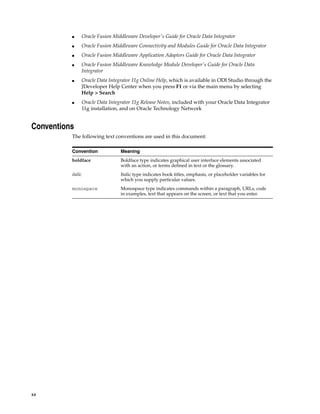 xx 
■ Oracle Fusion Middleware Developer's Guide for Oracle Data Integrator 
■ Oracle Fusion Middleware Connectivity and Modules Guide for Oracle Data Integrator 
■ Oracle Fusion Middleware Application Adapters Guide for Oracle Data Integrator 
■ Oracle Fusion Middleware Knowledge Module Developer's Guide for Oracle Data 
Integrator 
■ Oracle Data Integrator 11g Online Help, which is available in ODI Studio through the 
JDeveloper Help Center when you press F1 or via the main menu by selecting 
Help > Search 
■ Oracle Data Integrator 11g Release Notes, included with your Oracle Data Integrator 
11g installation, and on Oracle Technology Network 
Conventions 
The following text conventions are used in this document: 
Convention Meaning 
boldface Boldface type indicates graphical user interface elements associated 
with an action, or terms defined in text or the glossary. 
italic Italic type indicates book titles, emphasis, or placeholder variables for 
which you supply particular values. 
monospace Monospace type indicates commands within a paragraph, URLs, code 
in examples, text that appears on the screen, or text that you enter. 
 