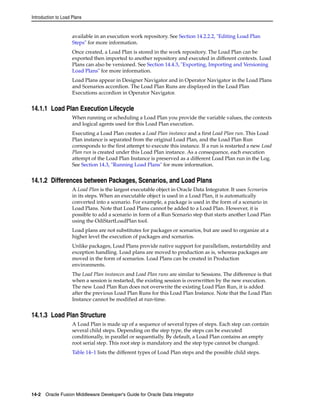 Introduction to Load Plans 
available in an execution work repository. See Section 14.2.2.2, "Editing Load Plan 
Steps" for more information. 
Once created, a Load Plan is stored in the work repository. The Load Plan can be 
exported then imported to another repository and executed in different contexts. Load 
Plans can also be versioned. See Section 14.4.3, "Exporting, Importing and Versioning 
Load Plans" for more information. 
Load Plans appear in Designer Navigator and in Operator Navigator in the Load Plans 
and Scenarios accordion. The Load Plan Runs are displayed in the Load Plan 
Executions accordion in Operator Navigator. 
14.1.1 Load Plan Execution Lifecycle 
When running or scheduling a Load Plan you provide the variable values, the contexts 
and logical agents used for this Load Plan execution. 
Executing a Load Plan creates a Load Plan instance and a first Load Plan run. This Load 
Plan instance is separated from the original Load Plan, and the Load Plan Run 
corresponds to the first attempt to execute this instance. If a run is restarted a new Load 
Plan run is created under this Load Plan instance. As a consequence, each execution 
attempt of the Load Plan Instance is preserved as a different Load Plan run in the Log. 
See Section 14.3, "Running Load Plans" for more information. 
14.1.2 Differences between Packages, Scenarios, and Load Plans 
A Load Plan is the largest executable object in Oracle Data Integrator. It uses Scenarios 
in its steps. When an executable object is used in a Load Plan, it is automatically 
converted into a scenario. For example, a package is used in the form of a scenario in 
Load Plans. Note that Load Plans cannot be added to a Load Plan. However, it is 
possible to add a scenario in form of a Run Scenario step that starts another Load Plan 
using the OdiStartLoadPlan tool. 
Load plans are not substitutes for packages or scenarios, but are used to organize at a 
higher level the execution of packages and scenarios. 
Unlike packages, Load Plans provide native support for parallelism, restartability and 
exception handling. Load plans are moved to production as is, whereas packages are 
moved in the form of scenarios. Load Plans can be created in Production 
environments. 
The Load Plan instances and Load Plan runs are similar to Sessions. The difference is that 
when a session is restarted, the existing session is overwritten by the new execution. 
The new Load Plan Run does not overwrite the existing Load Plan Run, it is added 
after the previous Load Plan Runs for this Load Plan Instance. Note that the Load Plan 
Instance cannot be modified at run-time. 
14.1.3 Load Plan Structure 
A Load Plan is made up of a sequence of several types of steps. Each step can contain 
several child steps. Depending on the step type, the steps can be executed 
conditionally, in parallel or sequentially. By default, a Load Plan contains an empty 
root serial step. This root step is mandatory and the step type cannot be changed. 
Table 14–1 lists the different types of Load Plan steps and the possible child steps. 
14-2 Oracle Fusion Middleware Developer's Guide for Oracle Data Integrator 
 
